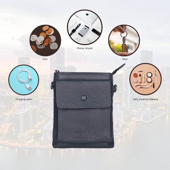 Leather Navy Blue Crossbody Shoulder Bag for Men & Women–Sling Bag for Daily Use - Picture 4 of 10